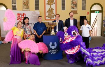 Chinese dancers Sophie Wang and  Priscilla Yuen with Ting Chen (2'nd right) Chung Wah association President, and United Cup tournament director Stephen Farrow, and members celebrating team China coming to Perth at Chung Wah Chinese Heritage Centre on Monday, November 20, 2023. Photo by TENNIS AUSTRALIA/ TREVOR COLLENS