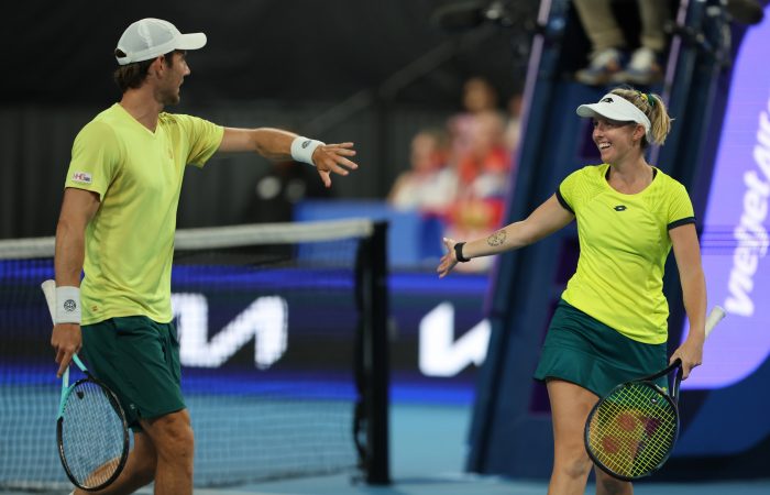 January 3:  Storm Hunter (AUS) and Matthew Ebden (AUS) play Nikola Cacic (SRB) and Dejana Radanovic (SRB) on RAC Arena during the 2024 United Cup in Perth, on Wednesday, January 3, 2024. Photo by TENNIS AUSTRALIA/ ALEX COPPEL