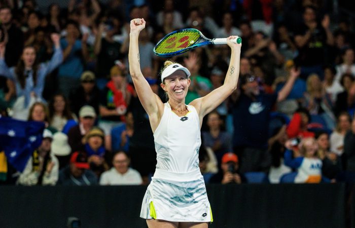 January 17: Storm Hunter (AUS) celebrates her win against Laura Siegemund (GER) at John Cain Arena during the 2024 Australian Open on Wednesday, January 17, 2024. Photo by TENNIS AUSTRALIA / AARON FRANCIS