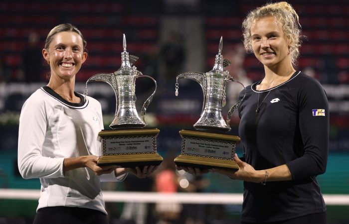 DUBAI, UNITED ARAB EMIRATES - FEBRUARY 24:  Storm Hunter of Australia (L) and Katerina Siniakova of Czech Republic (R) hold their winners trophies after winning the Women's Doubles Final match during the Dubai Duty Free Tennis Championships, part of the Hologic WTA Tour at Dubai Duty Free Tennis Stadium on February 24, 2024 in Dubai, United Arab Emirates. (Photo by Francois Nel/Getty Images)