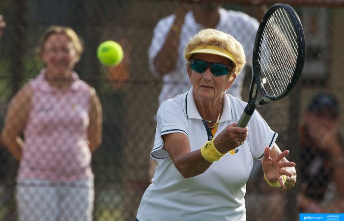 Elsie Crowe, Australia, in action in the 80 Womens Doubles Final  during the 2009 ITF Super-Seniors World Team and Individual Championships at Perth, Western Australia, between 2-15th November, 2009.