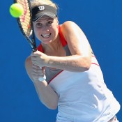 MELBOURNE, AUSTRALIA - DECEMBER 16:   Isabella Holland of Australia plays a backhand in her first round match against Alison Bai of Australia during the 2015 Australian Open play off at Melbourne Park on December 16, 2014 in Melbourne, Australia.  (Photo by Robert Prezioso/Getty Images)