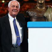 Rex Hartwig poses with his bronze bust as he is inducted into the Australian Tennis Hall of Fame at Rod Laver Arena during Australian Open 2016 at Melbourne Park; Getty Images