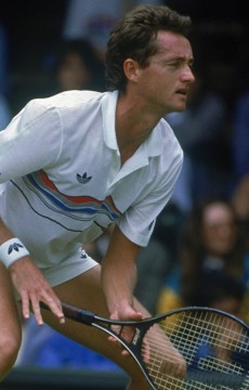 Unseeded Australian tennis player Peter Doohan in action during his second-round match against Boris Becker of West Germany in the Championships at Wimbledon, London, 26 June 1987.  Photo by Roger Gould/Getty Images