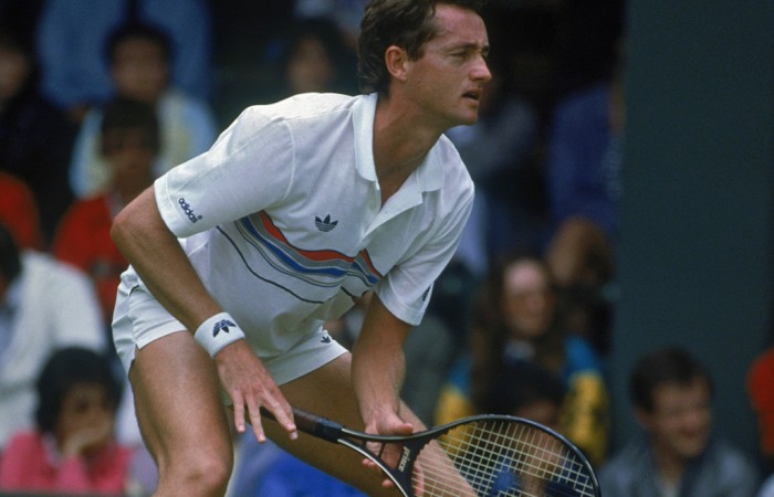 Unseeded Australian tennis player Peter Doohan in action during his second-round match against Boris Becker of West Germany in the Championships at Wimbledon, London, 26 June 1987.  Photo by Roger Gould/Getty Images