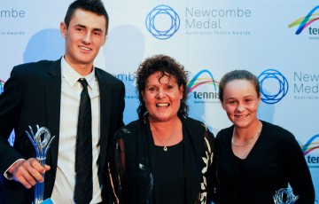 Evonne Goolagong Cawley (centre) poses with Bernard Tomic (left) Ashleigh Barty after presenting them with their Junior Athlete of the Year awards at the Newcombe Medal, Australian Tennis Awards.