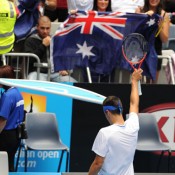 Bernard Tomic salutes his adoring crowd after his defeat of Jeremy Chardy.