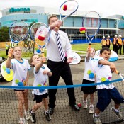 25th of March 2011. Ted Baillieu enjoys a hit with Hot Shots players  at the launch of the next phase of Melbourne Park redevelopment. Tennis Australia.