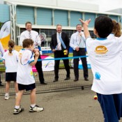 25th of March 2011. Denis Napthine, Ted Baillieu, Steve Wood and Hugh Delahunty enjoy a hit with Hot Shots players  at the launch of the next phase of Melbourne Park redevelopment. Tennis Australia.