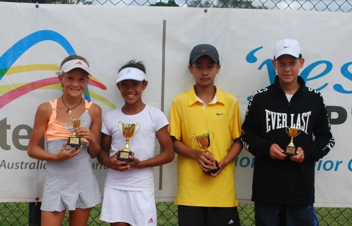 2011 Optus 12s National Championships - Boys and Girls Singles Finalists - From left - Sasha Bollweg (WA), Destanee Aiava (VIC), Richard Yang (VIC) and Mislav Bosnjak (SA). Francis Soyer.