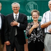 Special guests (l to r:) International Tennis Hall of Fame & Museum Chairman Christopher Clouser, and Hall of Famers Roy Emerson, Nancy Richey and Owen Davidson. Photo: Aaron Sprecher