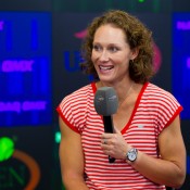 Sam Stosur photo opportunity and interviews at Times Square New York. Photo: Mark Riedy.