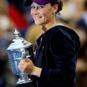 Stosur poses for photos with the US Open women's singles trophy