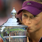 Stosur kisses the US Open women's singles trophy