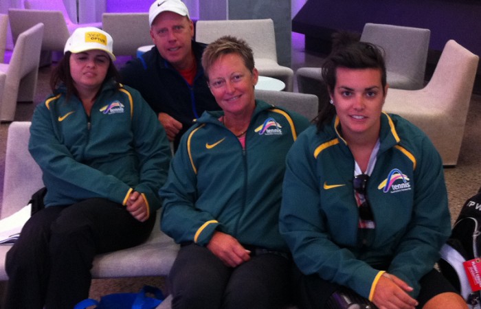 Australian Wheelchair Tennis team: (L-R) Luba Josevski, National Wheelchair Coach Greg Crump, Janel Manns and Sarah Calati; Tennis Australia