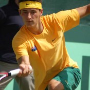 Bernard Tomic in action at the Davis Cup tie in Geelong: Kim Trengove