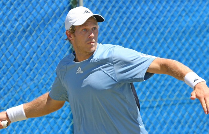 Brydan Klein in action at the men's Pro Tour event at the Mildura Lawn Tennis Club in Mildura, Victoria; Graham Clews