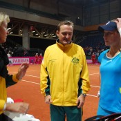 Final tactics (l to r): Nicole Bradtke (coach), Dave Taylor (captain) and Sam Stosur, TENNIS AUSTRALIA