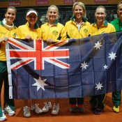 The victorious Australian team (l to r): Jarmila Gajdosova, Casey Dellacqua, Jelena Dokic, Nicole Bradtke (coach), Sam Stosur and Dave Taylor (captain). TENNIS AUSTRALIA
