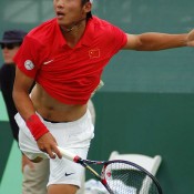 Zhang Ze in action against Lleyton Hewitt at the Davis Cup tie in Geelong: Kim Trengove 
