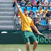 Chris Guccione serves during the Davis Cup tie in Geelong: Kim Trengove 