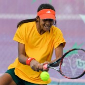 Naiktha Bains in action during the second singles rubber of the Australia v China Junior Fed Cup qualifying final; Bill Conroy
