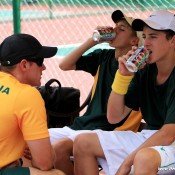 Oliver Anderson (R) and Scott Jones receive coaching advice from team captain Jarrad Bunt at the World Junior Tennis Competition; Wee Photography