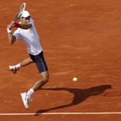 Top seed Novak Djokovic plays an athletic backhand during his 7-6(3) 6-3 6-1 first-round win over Italian Potito Starace on Day 2 at Roland Garros; Getty Images