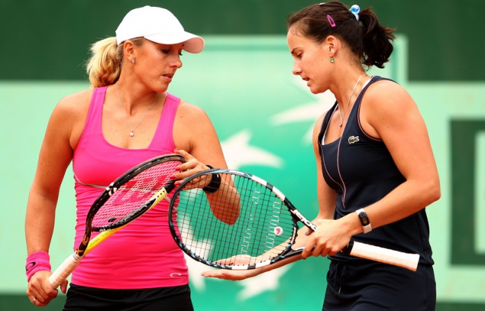 Aussie 14th seeds Anastasia Rodionova (L) and Jarmila Gajdosova in action in the women's doubles competition at Roland Garros; Getty Images