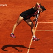 Samantha Stosur of Australia serves in her women's singles quarterfinal match against Dominika Cibulkova of Slovakia during day 10 of the French Open at Roland Garros on June 5, 2012 in Paris, France; Getty Images