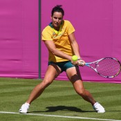 Jarmila Gajdosova plays a backhand during a practice session ahead of the 2012 London Olympic Games at the All England Lawn Tennis Club in Wimbledon; Getty Images