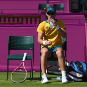 Sam Stosur takes a break during a practice session ahead of the 2012 London Olympic Games at Wimbledon in London, England; Getty Images