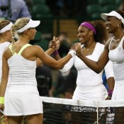 Serena Williams returned to court after winning the singles title to team with sister Venus to win the ladies' doubles crown at Wimbledon, defeating Czechs Lucie Hradecka and Andrea Hlavackova 7-5 6-4; Getty Images