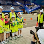 (Back row L-R) Deputy Premier and Minister for Tourism Hon Dr Kim Hames, and Minister for Sport and Recreation Hon Terry Waldron, with local Hot Shots participants at the Perth Arena; Credit: Jody D’Arcy
