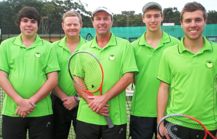 The 2012 Sydney Badge Tennis Competition Premier League Division winning team from Castle Hill, comprising (L-R) Cameron Smith, Robert Kilborn, Neil Smith, Jordan Smith and Blake Smith; Tennis NSW