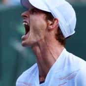Andy Murray shows his frustration at blowing a 4-1 third set lead and two match points during his semifinal loss to Canadian Milos Raonic at the Rakuten Japan Open in Tokyo, Japan; Getty Images