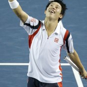 Kei Nishikori of Japan celebrates after winning his quarterfinal against Tomas Berdych at the Rakuten Japan Open Tennis Championships in Tokyo; Getty Images