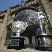 The Australian Open trophies on display at the Nanjing Sport Institute on October 15, 2012 in Nanjing, China; Getty Images