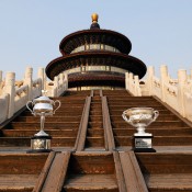 The Daphne Akhurst Memorial Cup (L) and the Norman Brookes Challenge Cup are pictured during the Australian Open Trophy Tour outside The Temple of Heaven (The Qi Nian Temple) on October 19, 2012 in Beijing, China; Getty Images