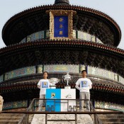 The Daphne Akhurst Memorial Cup (R) and the Norman Brookes Challenge Cup are pictured during the Australian Open Trophy Tour outside The Temple of Heaven (The Qi Nian Temple) on October 19, 2012 in Beijing, China; Getty Images