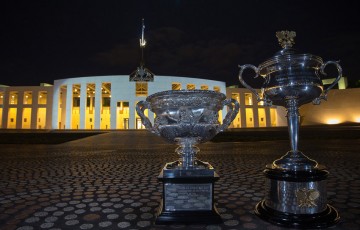 The Australian Open trophies outside Parliament House in Canberra; Mark Riedy
