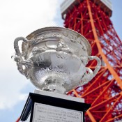 The Norman Brookes Challenge Cup outside Tokyo Tower as part of the AO Trophy Tour; Keith Tsuji