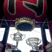 The Norman Brookes Challenge Cup (L) and Daphne Akhurst Memorial Cup in the Asakusa district in Taitō, Tokyo, as part of the AO Trophy Tour; Keith Tsuji