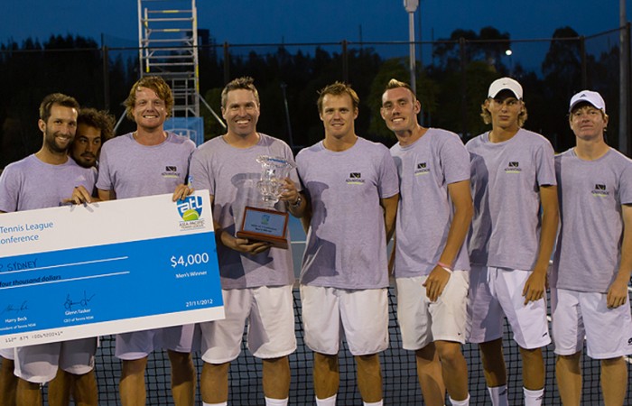 ATP Sydney (L-R) Adam Feeney, Nick Lindahl, Matt Barton, team manager Luke Bourgeois, Ryan Henry, Alex Trillini, Tyrone Smart, Mitchell Pritchard; Tennis NSW