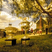 The Norman Brookes Challenge Cup (L) and Daphne Akhurst Memorial Cup visit Sovereign Hill in Ballarat, Victoria as part of the Australian Open Trophy Tour; Mark Riedy