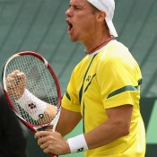 Lleyton Hewitt celebrates victory in his singles rubber against Zhang Ze of China during Day 1 of the Davis Cup Asia/Oceania Zonal Tie between Australia and China at Geelong Lawn Tennis Club; Getty Images