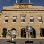 The Australian Open trophies stand outside Parliament House in Hobart as part of the Australian Open Trophy Tour; Tennis Australia