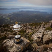 The Daphne Akhurst Memorial Cup atop Mount Wellington overlooking Hobart and the River Derwent as part of the Australian Open Trophy Tour of Tasmania; Tennis Australia