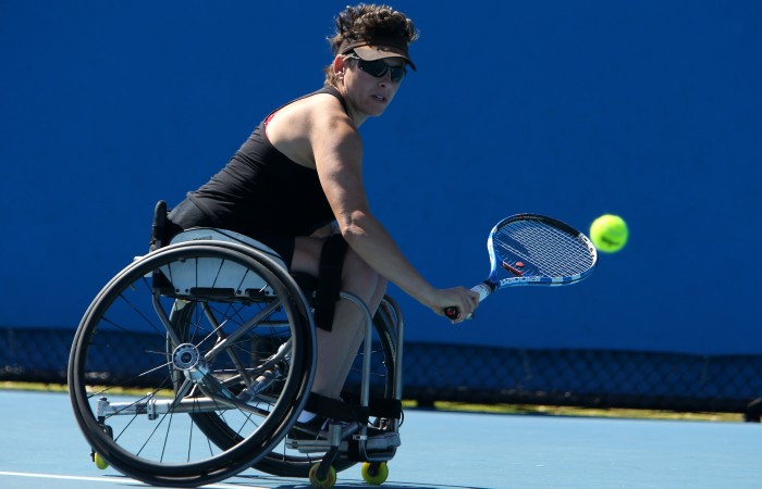 Daniela Di Toro of Australia plays a shot against Lucy Shuker of Great Britain during the 2013 Australian Open Wheelchair Championships at Melbourne Park on January 23, 2013 in Melbourne, Australia; Getty Images