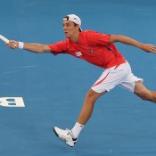 Matthew Ebden of Australia plays a forehand during his match against David Goffin of Belgium on day three of the Brisbane International at Pat Rafter Arena on January 1, 2013 in Brisbane, Australia; Getty Images